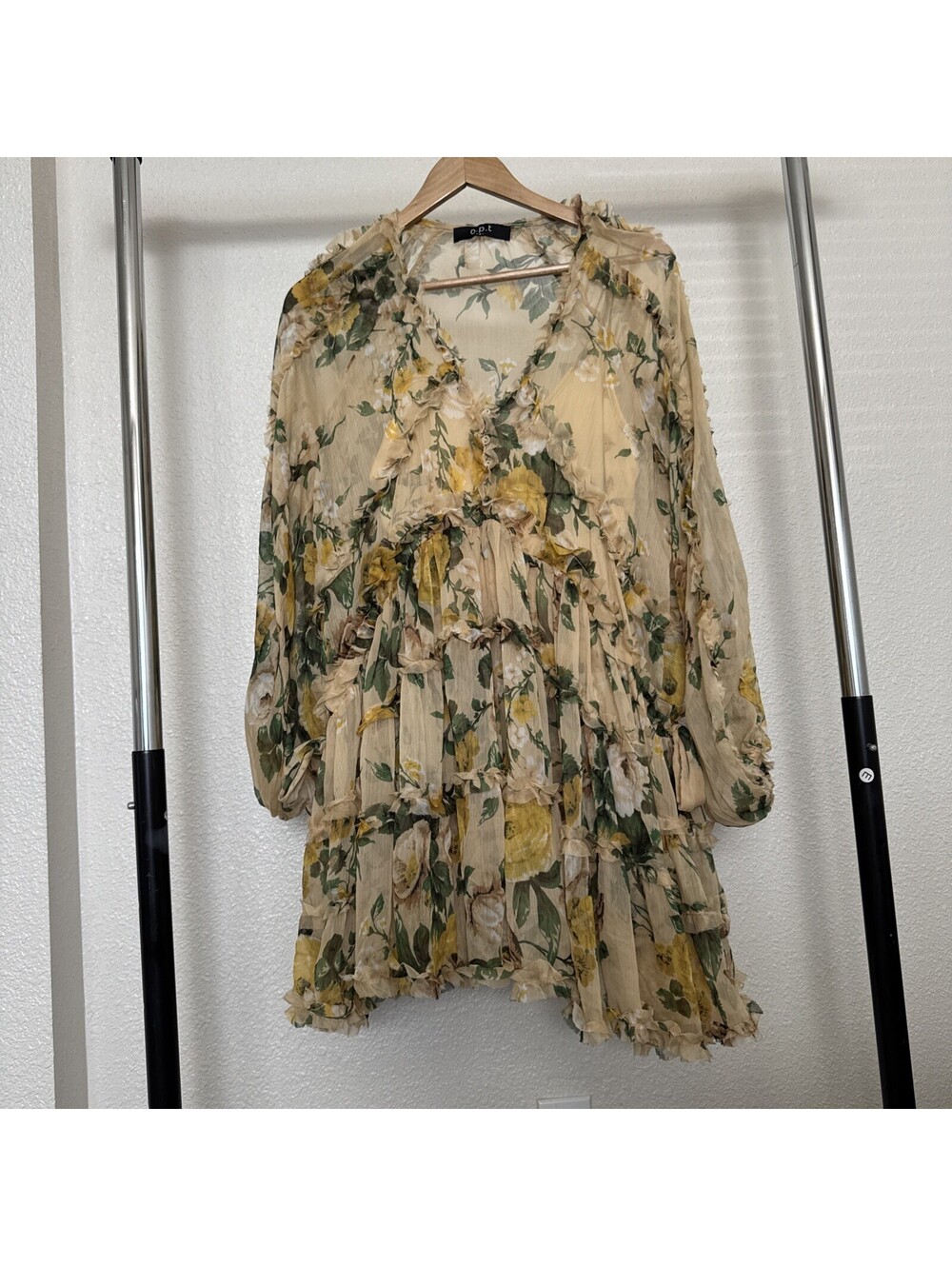OPT Yellow Floral Ruffled Long Sleeve Cottage Core Angelique Dress Size S